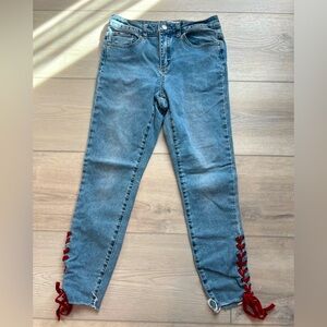 Women’s Jeans with cute red ribbons on the side from Velvet Heart Denim.🎀❤️